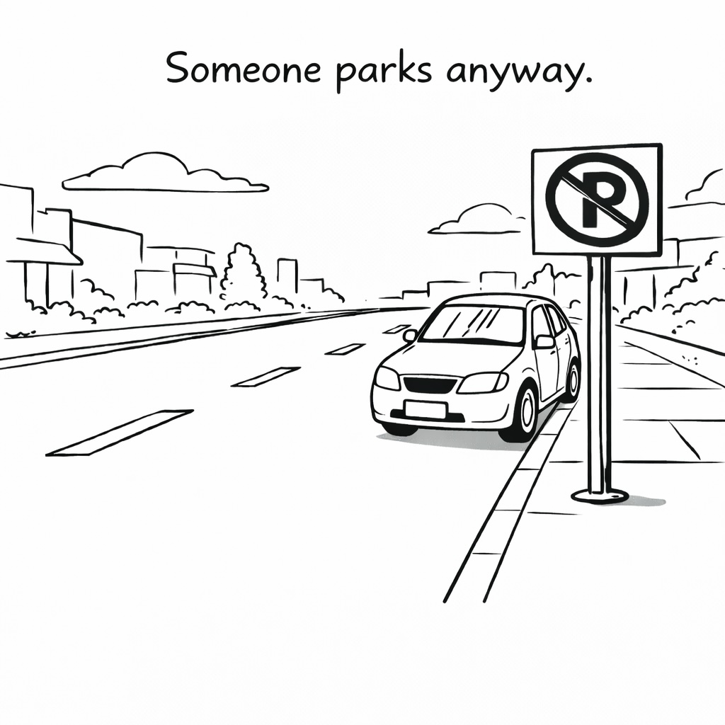 Panel 2: Someone parks anyway.