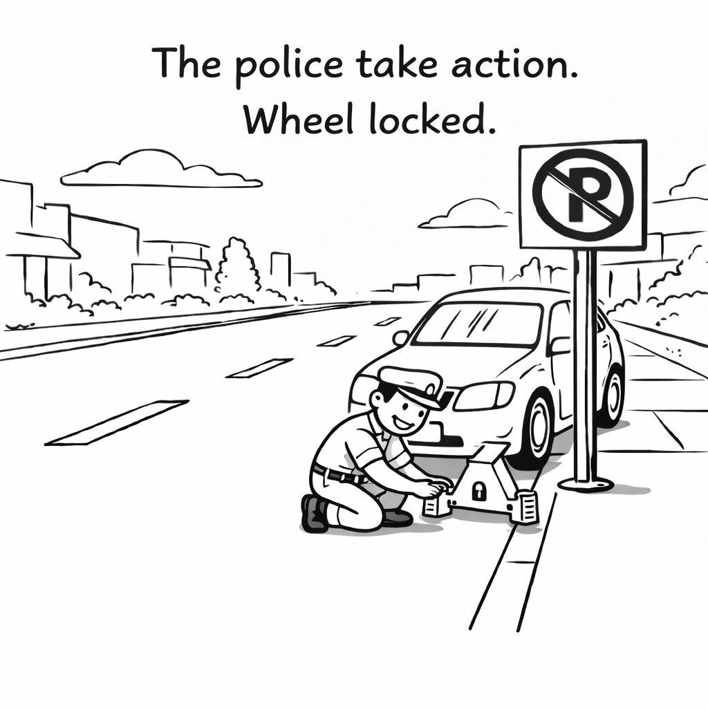 Panel 3: The police take action. Wheel locked.