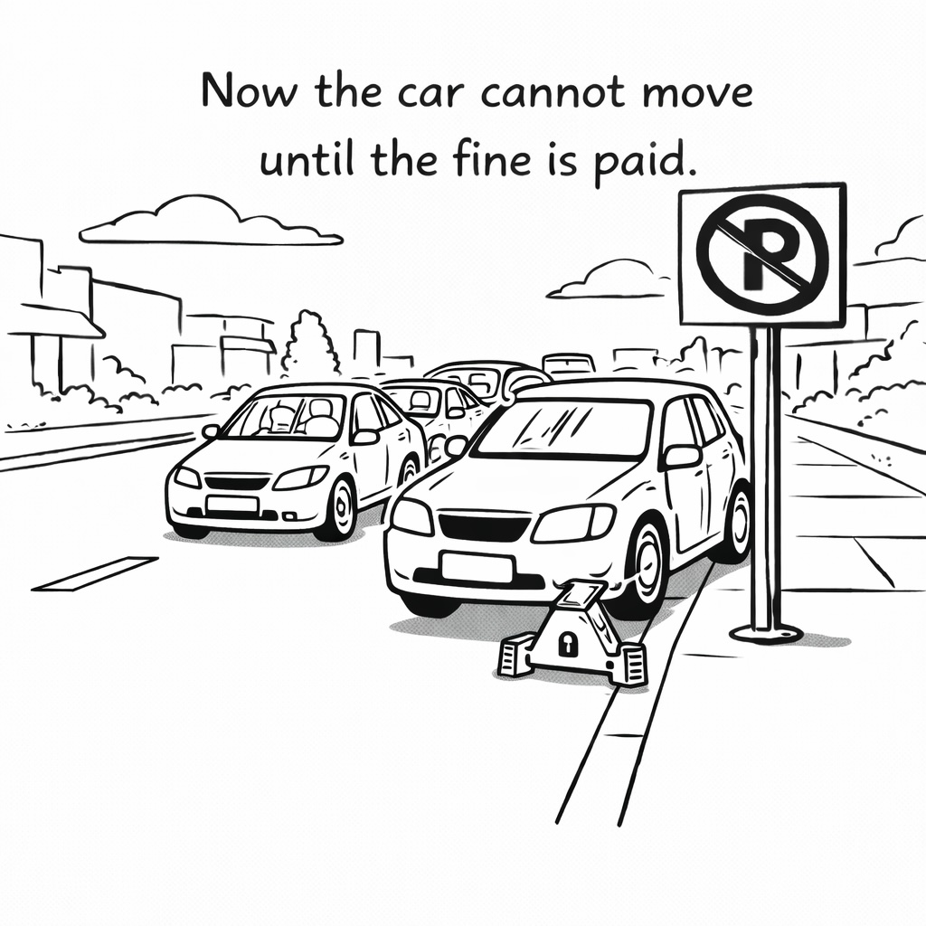 Panel 4: Now the car cannot move until the fine is paid.