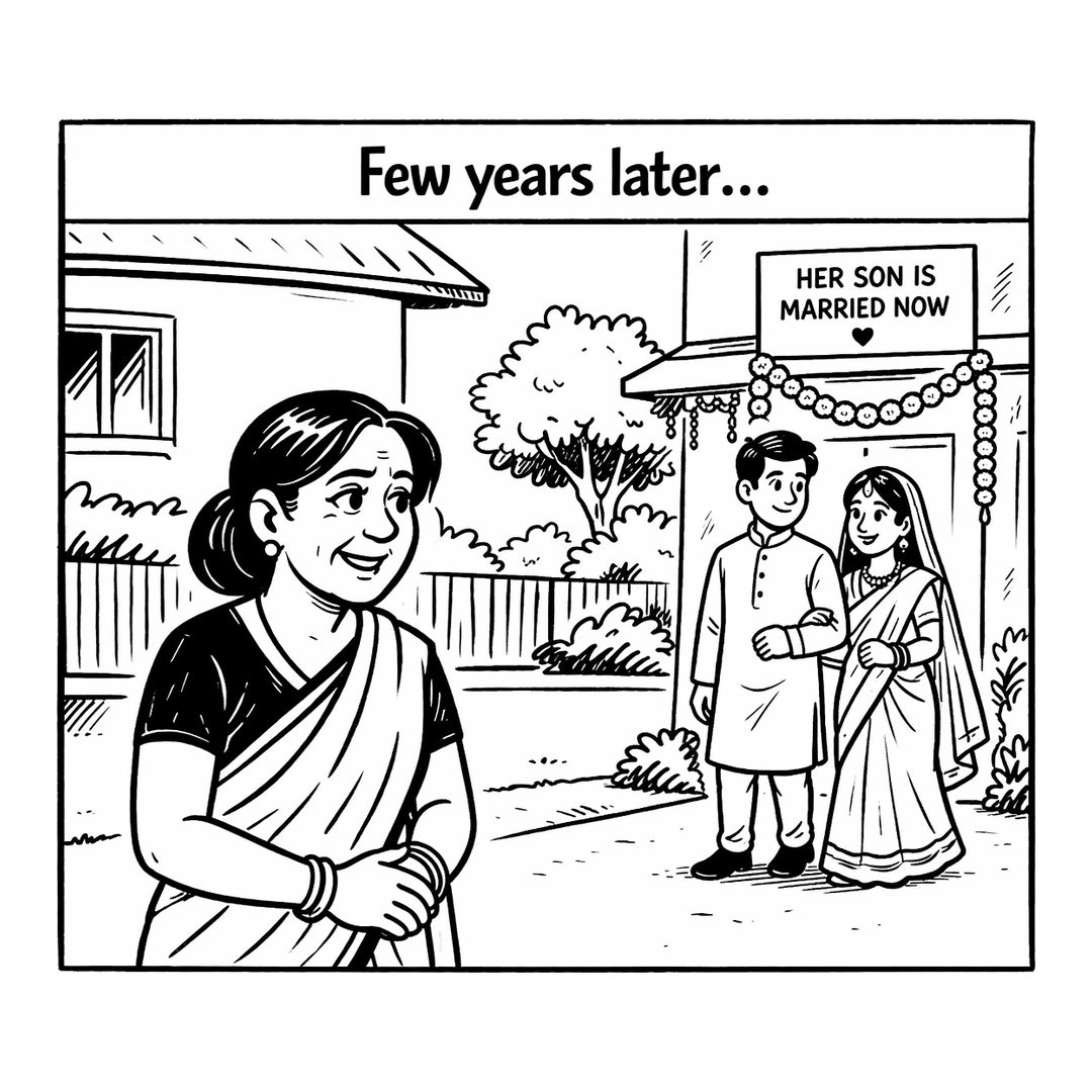 Panel 3: Few years later... Her son is married now.